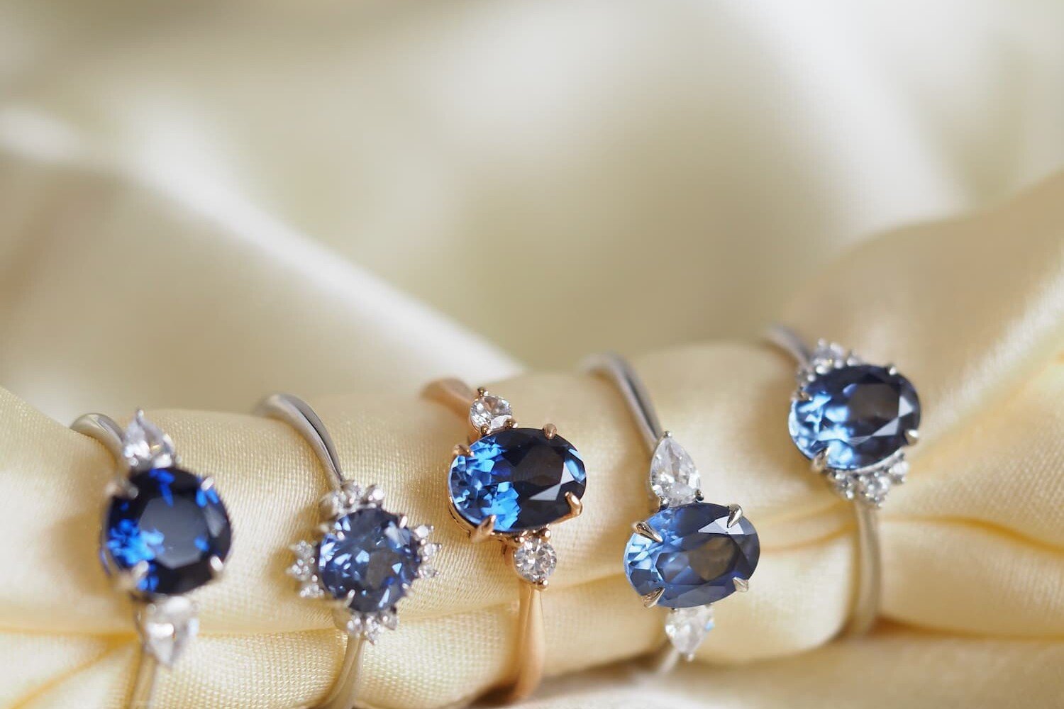 Blue sapphire engagement rings in a bunch