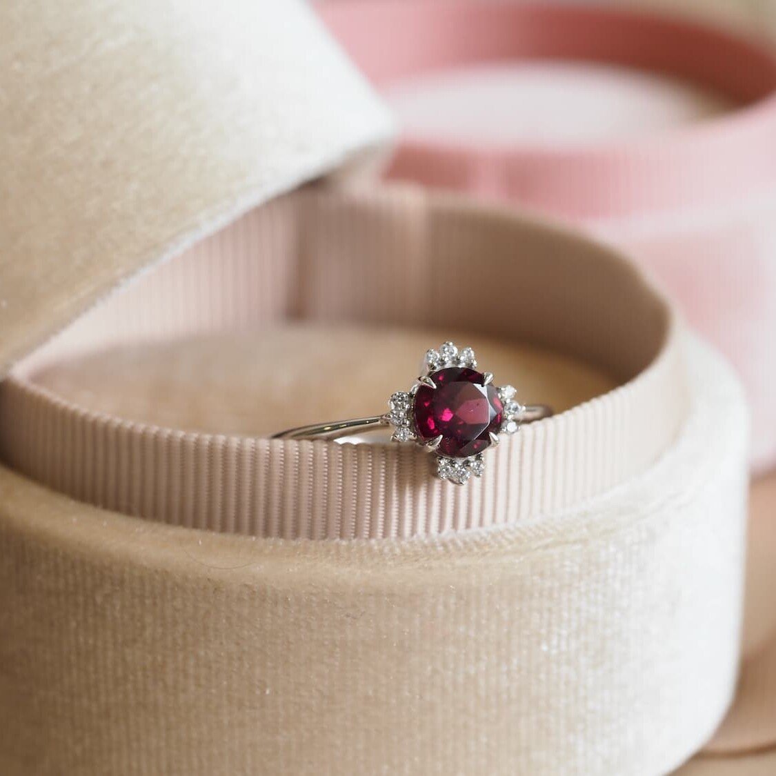 Chandelier red garnet engagement ring